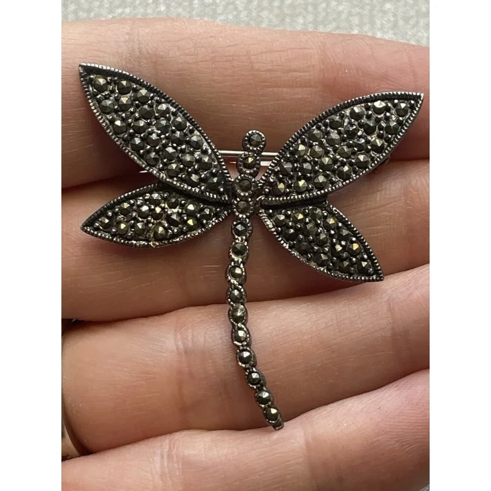 Vintage Dragonfly Brooch Pin 925 Marcasite Signed CFJ